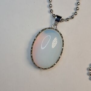 Timeless Oval & Fire Opal Gemstone Necklace (Silvertone)